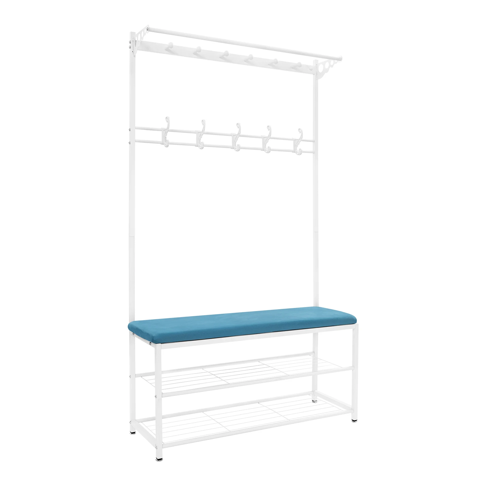 Vrijstaande kapstokstandaard en schoenenrek met bank van 100 cm |   Opbergbank voor schoenen met 2 planken |   Zwart/Blauw/Grijs/Roze