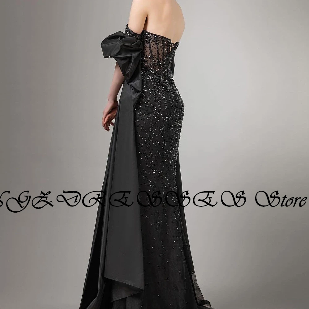 Graceful and Luxury Sequined Beading Crystal Evening Dresses Detachable Sleeve Black Satin Lace Up Back Sweep Train Custom Made