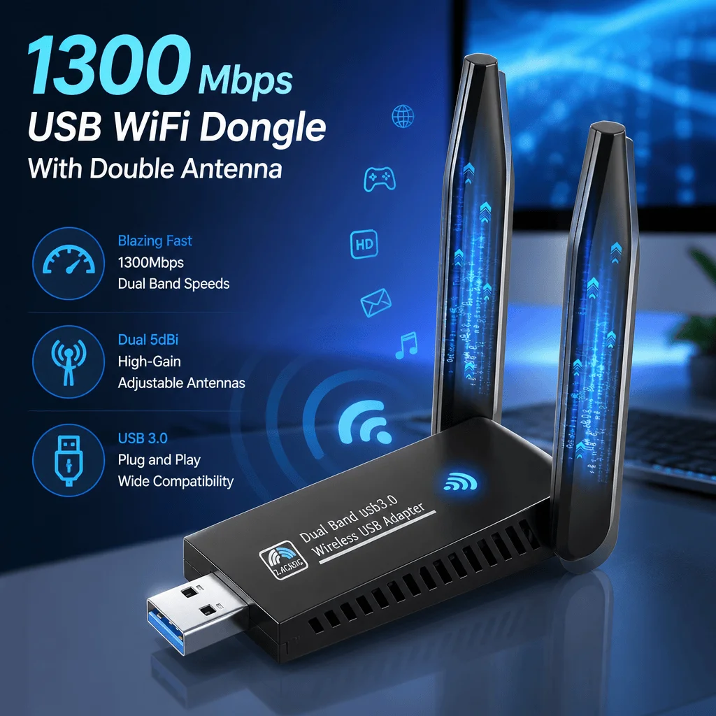 USB WiFi Adapter 1300Mbps 2.4G/5G Wireless Dongle USB 3.0 High Gain Antennas Desktop Laptop PC Network Card Windows 11 10 8 7
