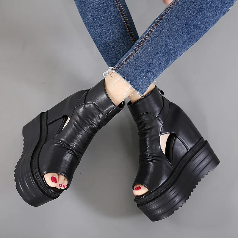 

European wedges with high-heeled sandals muffin thick-bottom fish mouth shoes new internal increase women's shoes Cool boots12cm