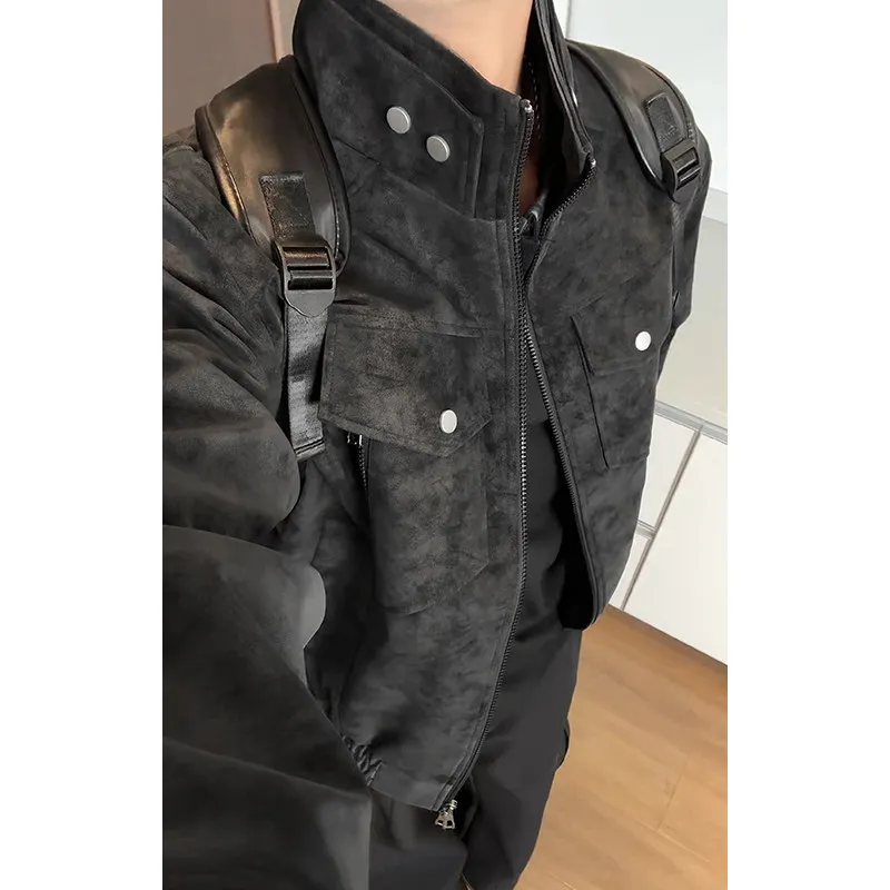 

Мужская кожаная куртка американского стиля с воротником-стойкой, осенне-зимняя, свободного кроя, в стиле High Street, рабочая одежда