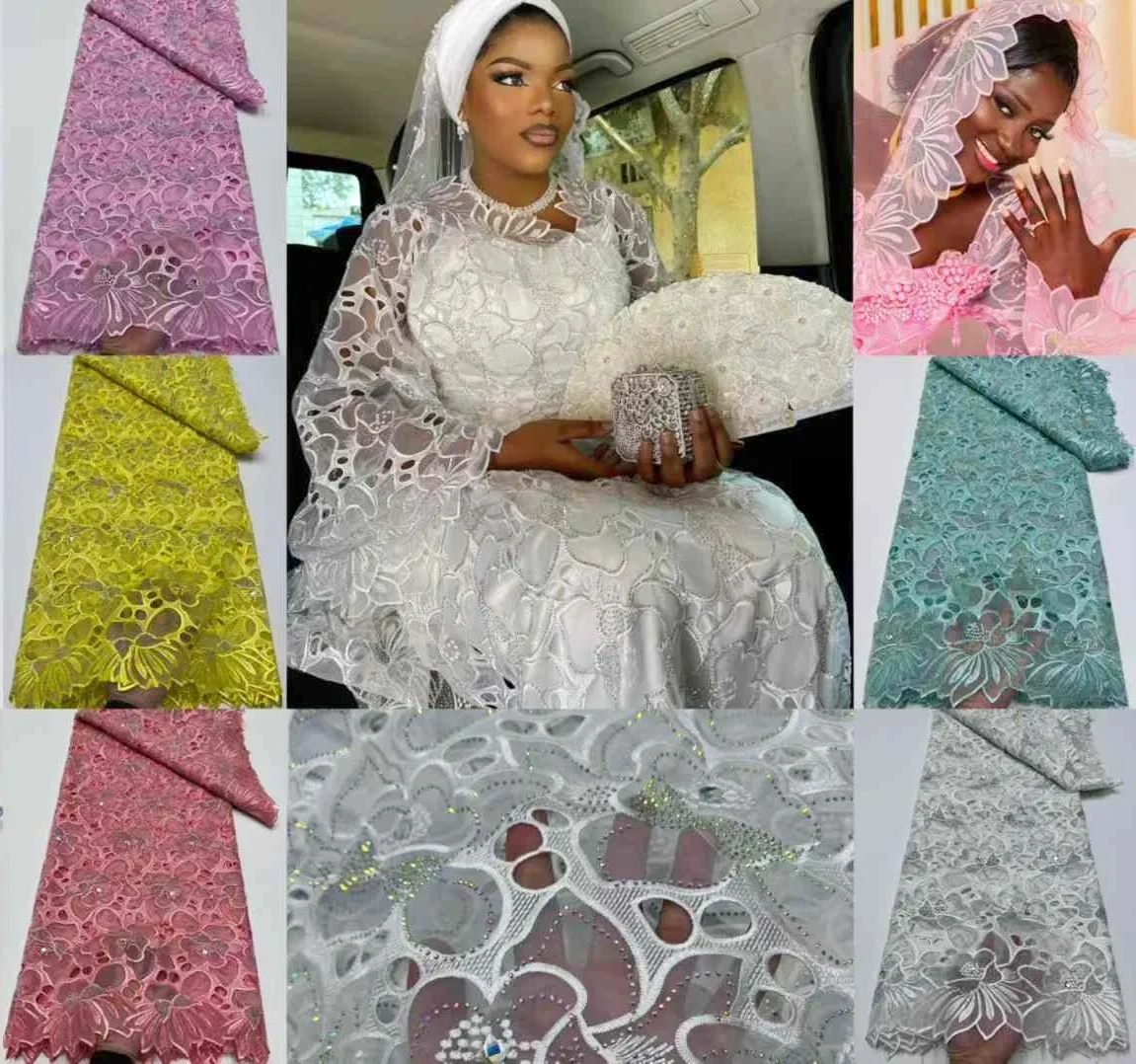 Laser-Cut African Organza Fabric with Rhinestones  Nigerian Lace Fabric for Sewing Dress RFW24120401