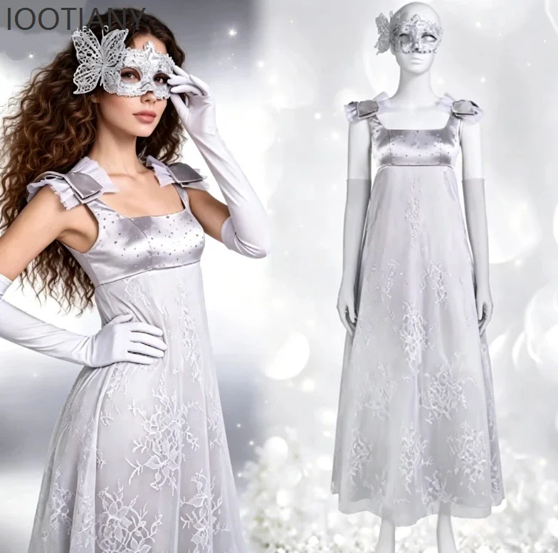 Vintage Elegantes Damen-Cosplay-Kostüm im Regency-Stil Langes Spitzenkleid mit Maske und Handschuhen Halloween-Party Hochzeit Maskerade-Outfit