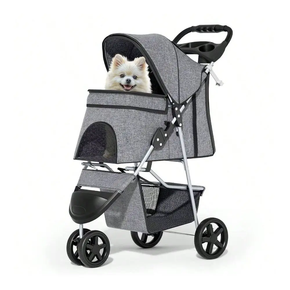 

Dog Strollers Small Dogs With Weather Cover, 3 Wheels Pet Strolling Cart Dogs And Cats With Storage Basket And Cup Holder, Brea