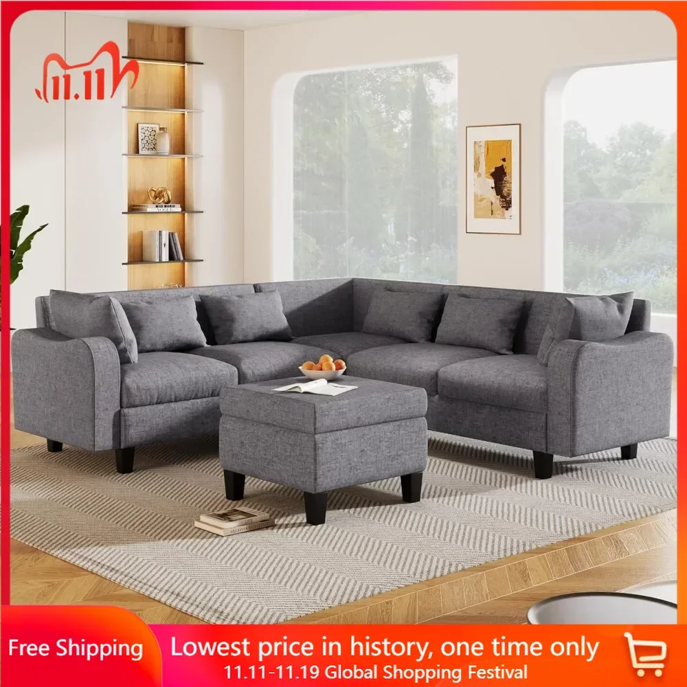 L-Shaped Couch with Coffee Table & 6 Pillows 6Seat Sectional Sofa with Storage Ottoman & Unique Curved Armrest Convertible Sofa