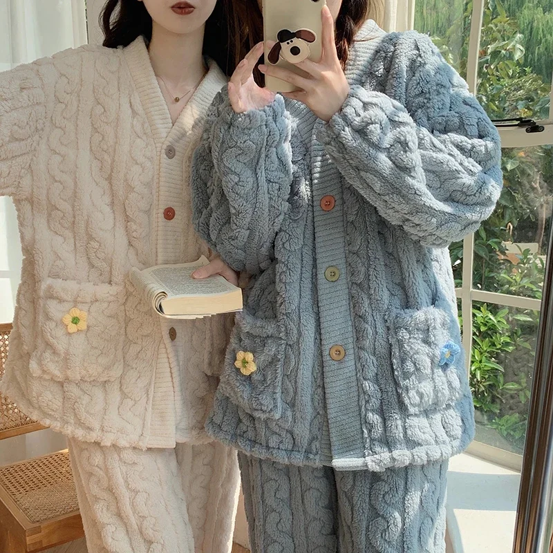 

Ladies Pyjama Women Winter Flannel Pajama Set Fleece Pajamas Sleepwear Thick Warm Velvet Female Homewear Suit Cute Sweet Pijama