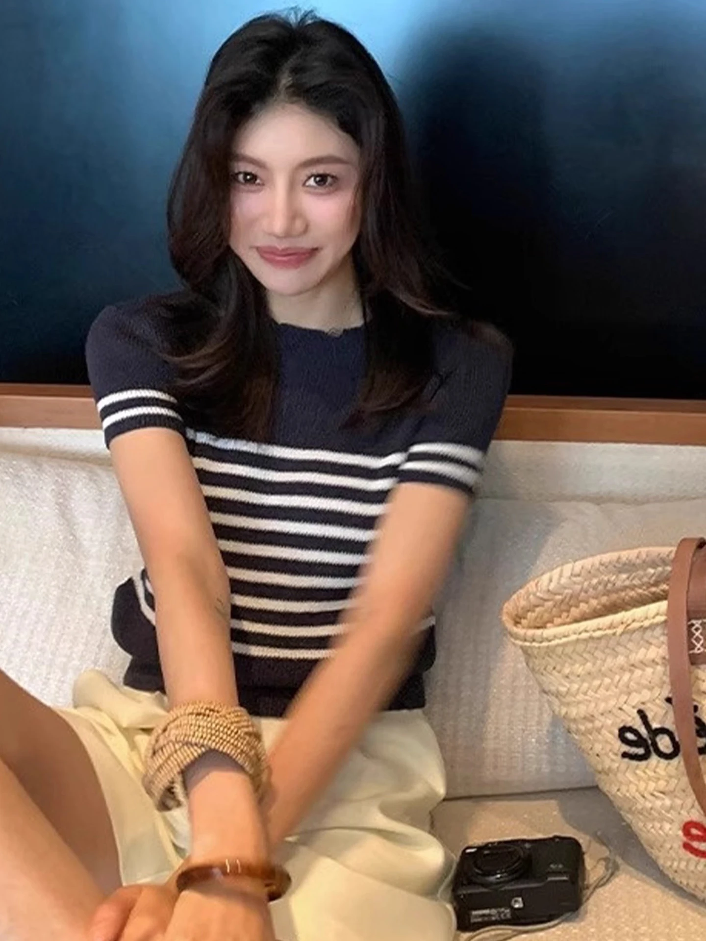 جولة Ne الكورية Sle مخطط متماسكة ort Sve رداء علوي غير رسمي اللون بلو الصيف تنوعا الجلد ودية المرأة Faion irt #2