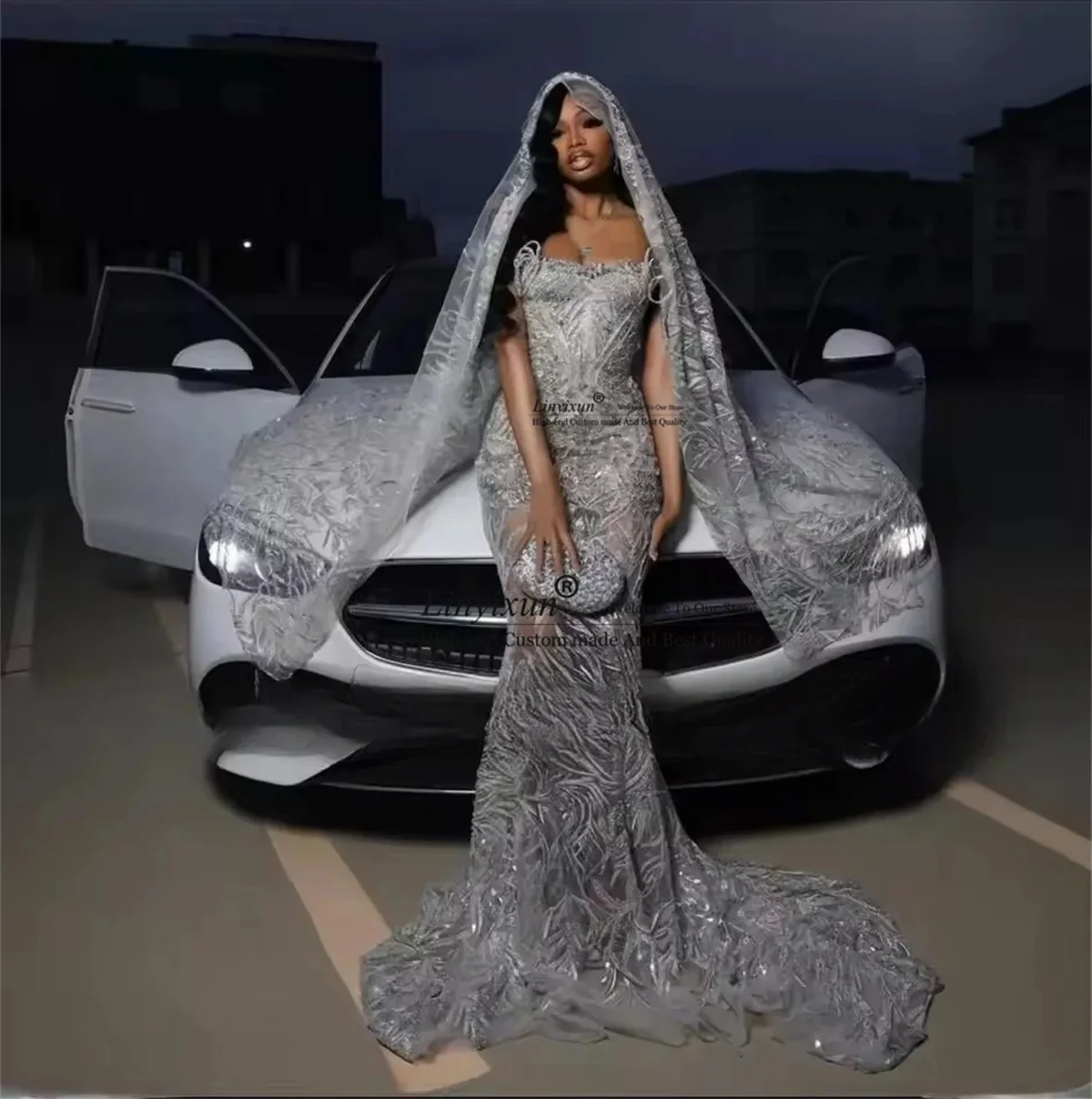 Luxury Sequin Bead Prom Dress Wrap Black Girls Mermaid Evening Party Gowns 2025 See Through Bespoke Customized robes de soirée