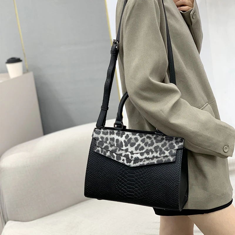 Sexy Leopard Patchwork Bag Luxury Crocodile Pattern Satchel Retro Animal Print PU Shoulder Handbag Tote for Women