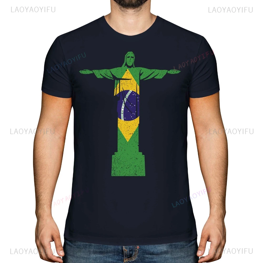 

‌christ The Redeemer Mens T-shirt Summer High Quality Cotton Woman Man Loose Outdoors Tee Top Gift Brazil Football Short-sleev