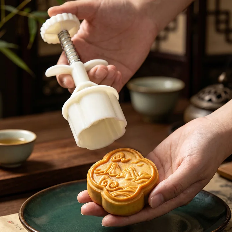 Landscape Painting Mooncake Mold Hand Press Food Grade 75g Pastry Mold for Mung Bean Cakes Baking Tool