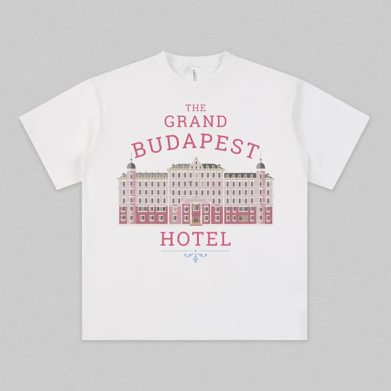 Budapest Grand Hotel T-shirt, Pink Hotel Movie Pattern T-shirt Suitable for All Seasons, Unisex Casual T-shirt
