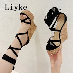 Liyke Summer Super High Heels Platform Wedge Sandal Women Sexy Thick Bottom Open Toe Ankle Cross Lace Up Ladies Shoes Rozmiar 35-42