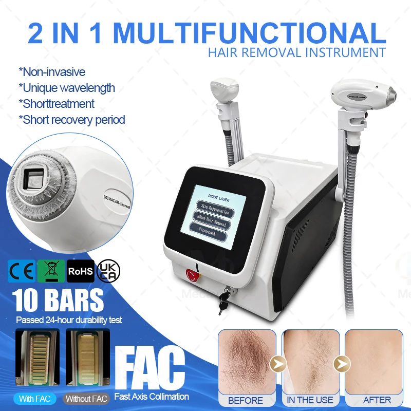Mecavie 2IN1 Diode Laser Picosecond Machine 5 Wavelength 5000W 10 Bars FAC Fast Axis Collimation Sapphire Cooling Tattoo Hair Re