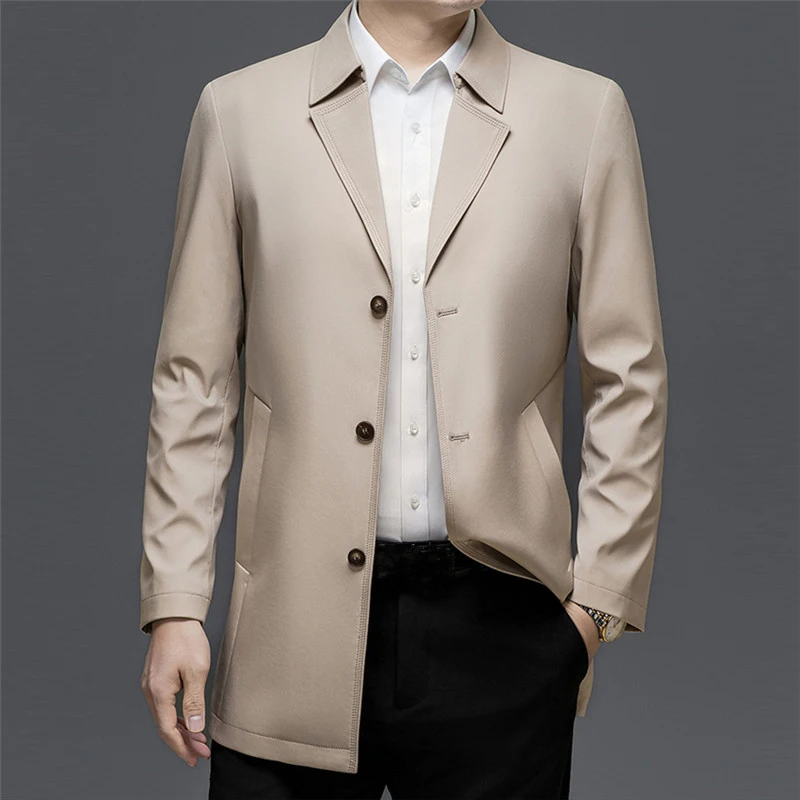 Spring Autumn Men's Business Casual Trench Solid England Style Turn Down Collar Long Coats Male Single Breasted Windbreaker Coat