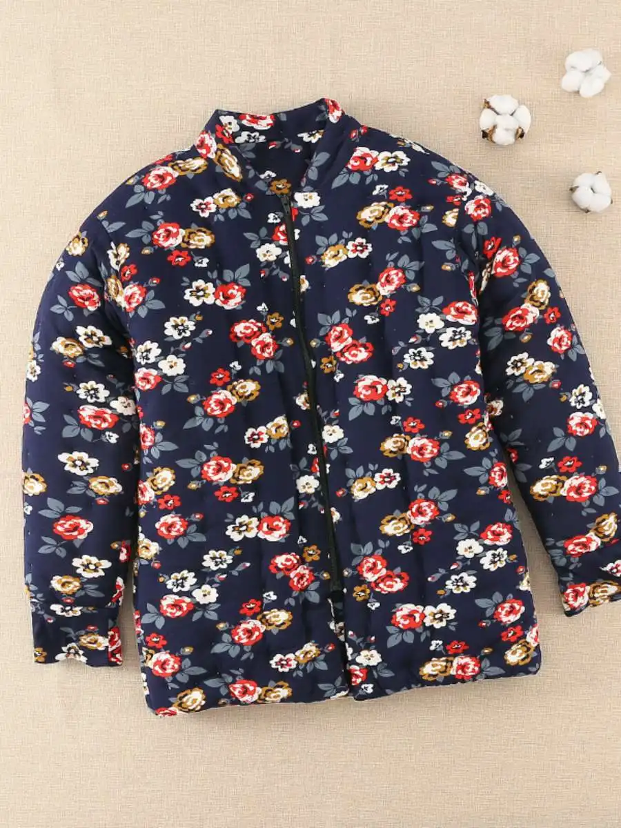 

Женское зимнее теплое приталенное пальто ручной работы из утолщенного хлопка с наполнителем из чистого хлопка, длинными рукавами и цветочным узором