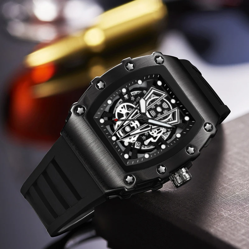 Marca de luxo dos homens relógio de pulso moda preto esqueleto dial relógios quartzo homem esporte à prova dwaterproof água data automática mille