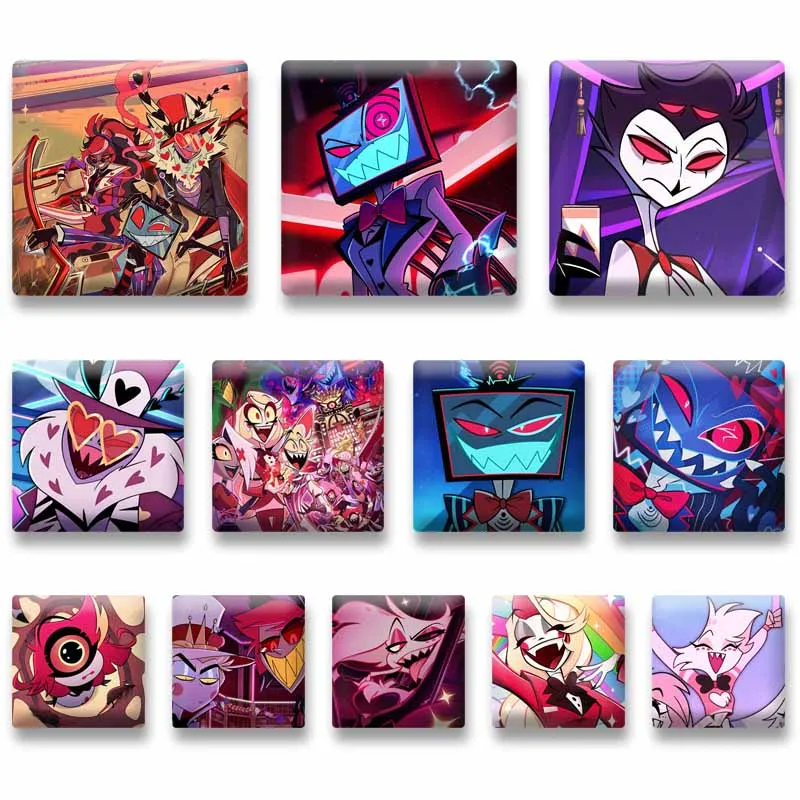 H-Hazbin H-Hotel Anime Square Pins Cartoon Angel Dust Alastor Vox Enamel Badge Brooch for Bag Cosplay Jewelry Accessories Gifts