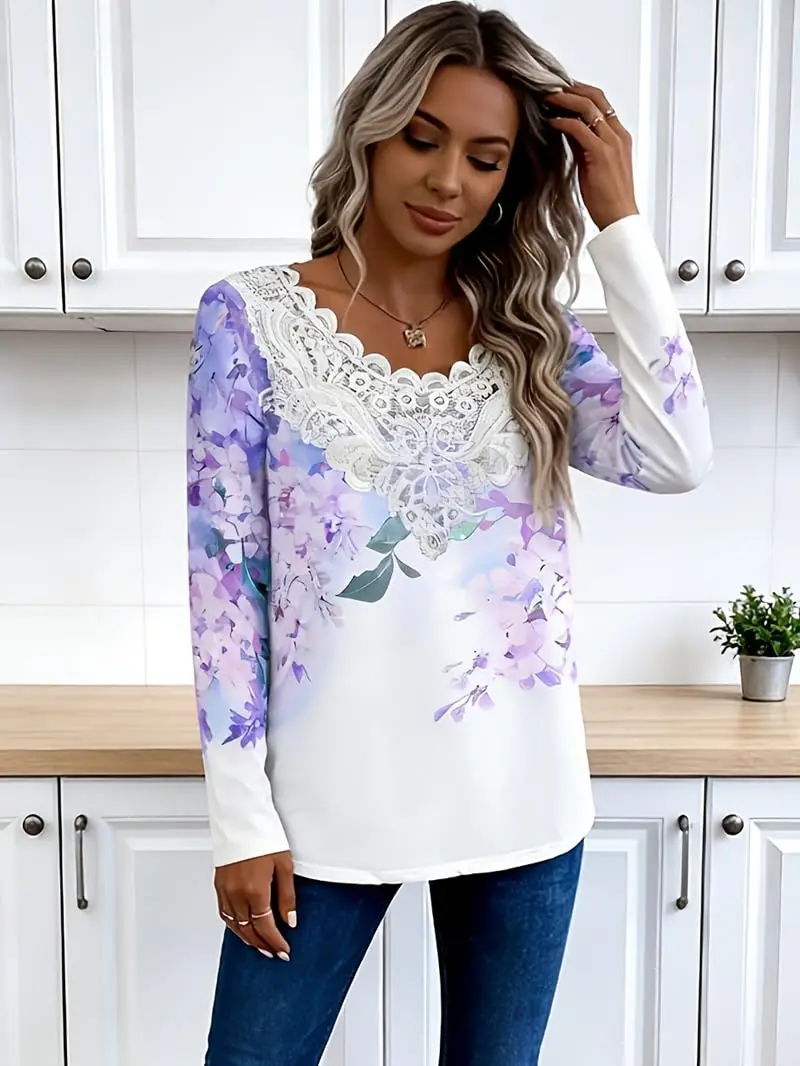 Women V‑Neck Lace Spliced Floral Print Top Long Sleeve Curved Hem Loose Casual Blouse