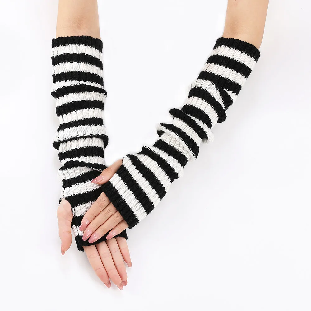 Y2K Autumn Winter Knitted Arm Warm Gloves Goth Arm Warmers Half Finger Long Wrist Gloves False Sleeves Stripe Elbow Gloves