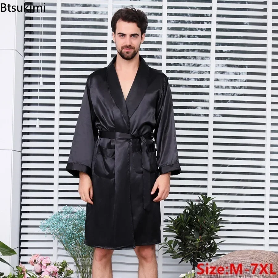 

2025 Men's Night Robe Kimono Bathrobe Gown with Pocket Comfy Silk Satin Long Sleeve Thin Sleepwear Spring Summer Lounge Homewear