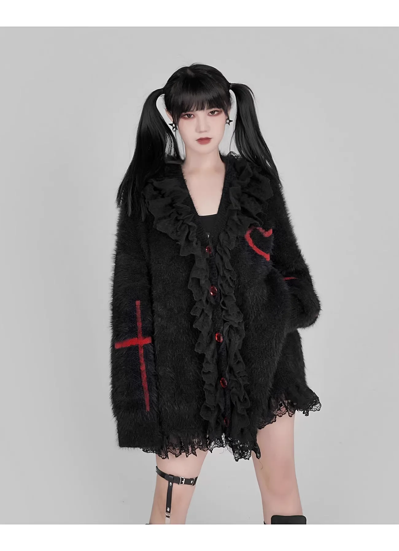 

Осенне-зимняя куртка в стиле панк-харидзюку, свитер с кружевным V-образным вырезом в форме сердца, длинный рукав, вязаный, готический, милый, свободный женский топ