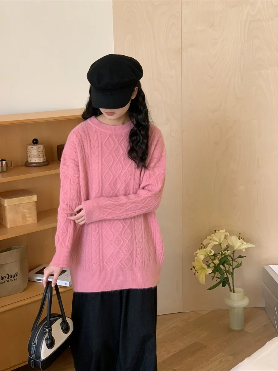 Zachte lange Sve gebreide trui Overhead Los Warm Lang Sve Knitwear rond Ne Casual Comfortabel All-Match Zacht Roze S...