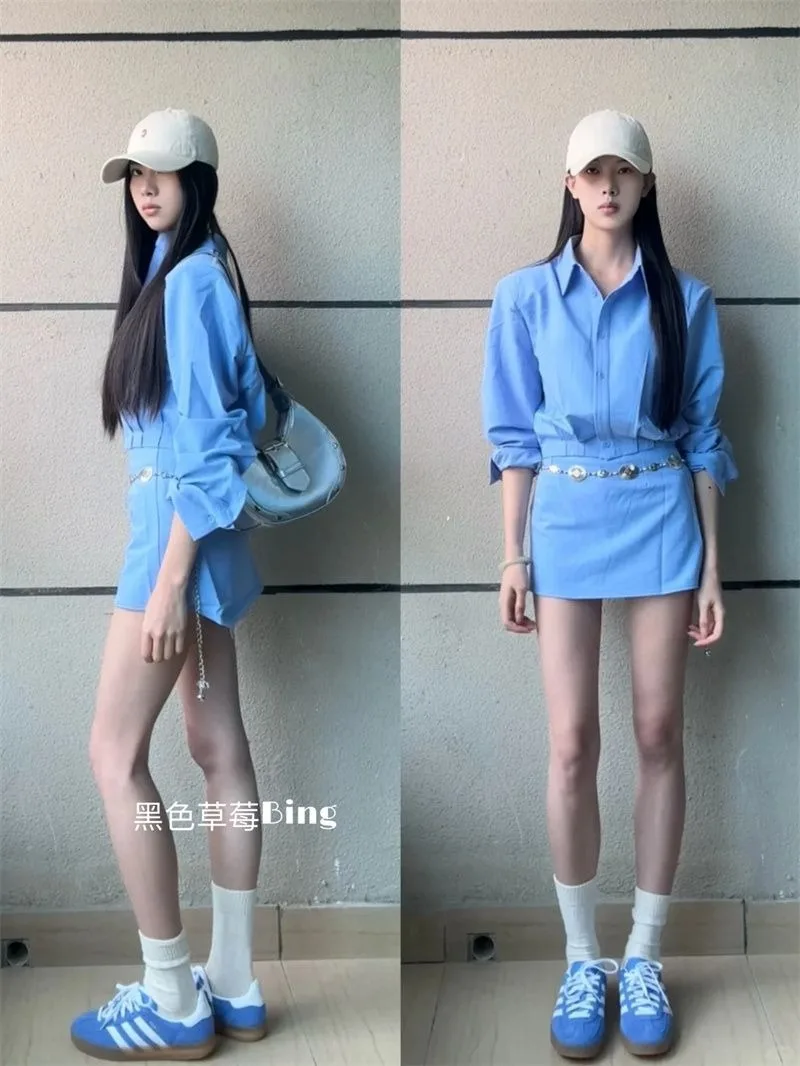 Shpmishal Korean Style Ins Academy Style Design Sense POLO Collar Long Sleeved Shirt Irregular High Waisted Skirt Two-piece Set