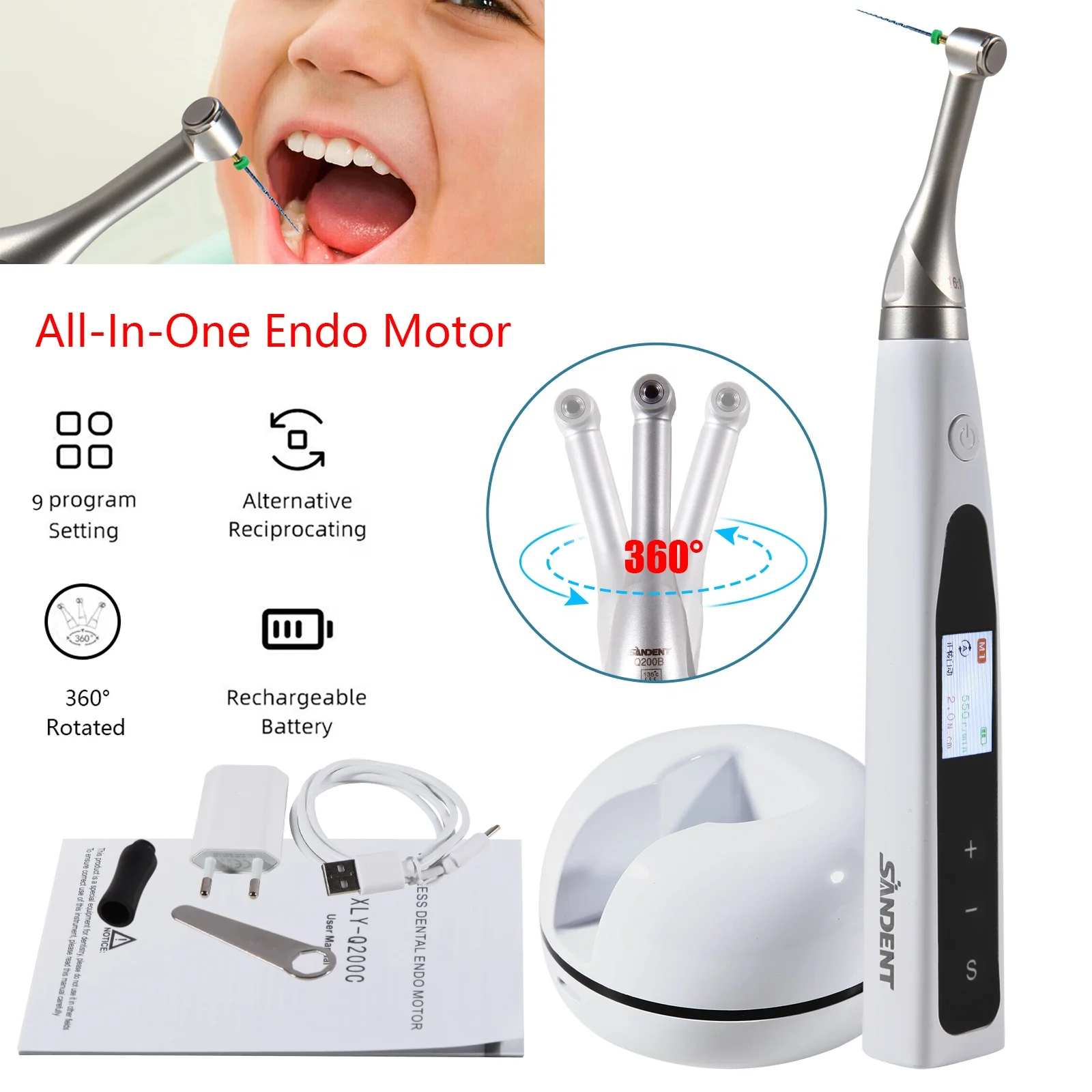 Sale! den tal Endo Motor Reciprocating Root Canal Treatment 16:1 Contra Angle 360 Degree Rotated Wireless All-In-One N-S-K Style