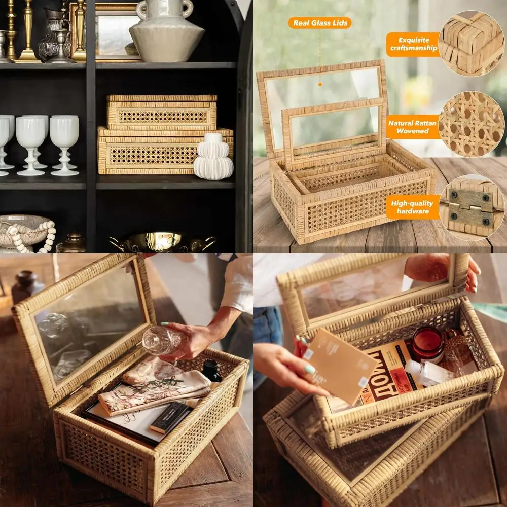

Large Handwoven Boho Rattan Display Boxes with Glass Lids - Set of 2 Rectangular Decorative Storage Bins - Natural Woven Cane Ho
