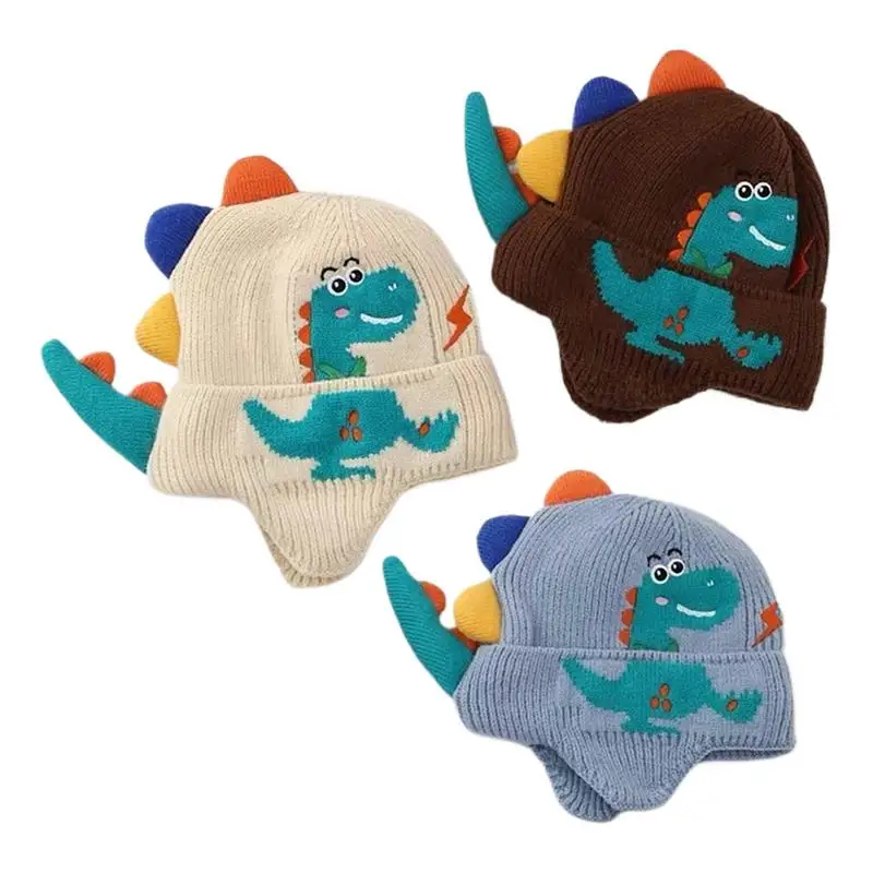 Cartoon Dinosaur Kids Earmuffs Hat Cute Toddler Ear Protection Cap Winter Warm Knitted Beanie Cap for Boy Girl For Camping