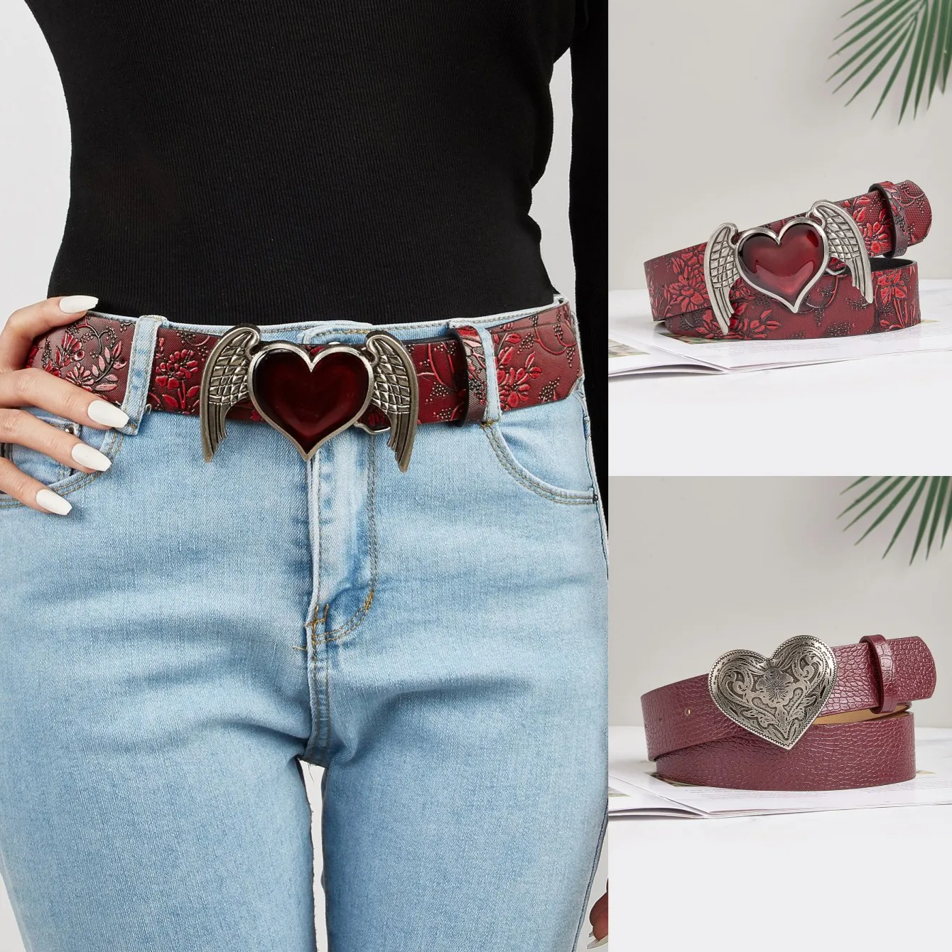 women's light luxury vintage metal angel gem heart-shaped buckle burgundy flower pattern belt, a versatile decorative belt for