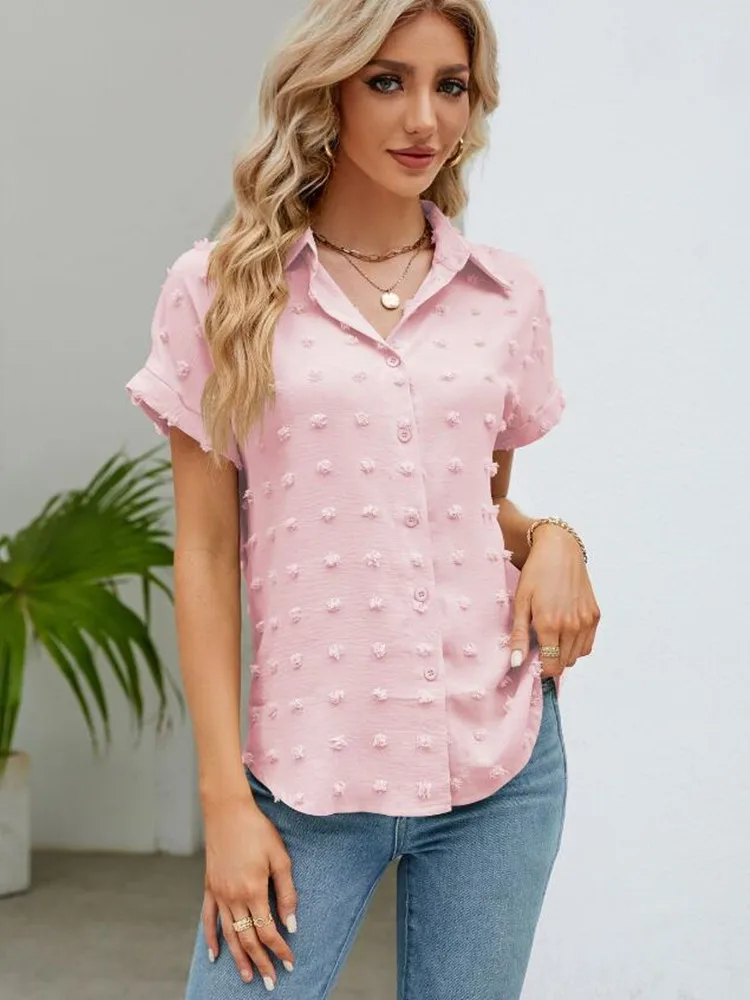 Elegant Turn-down Collar Blouse  Women Shirt Summer Solid Ball Short Sleeve Casual Streetwear Shirts Office Work Tops