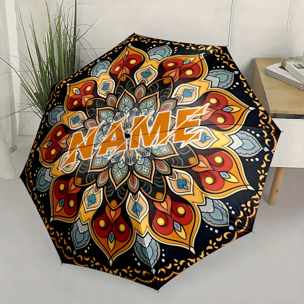 Custom Name Umbrella, Colorful Mandala Design Umbrella with Intricate Patterns Folding Umbrella for Sunny and Rainy,Gift