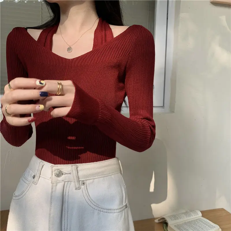 

Fake Two Pieces Halter Pullovers Female Clothing Knitted Solid Color Spring Autumn Slim Casual V-Neck Basic Long Sleeve T-shirt