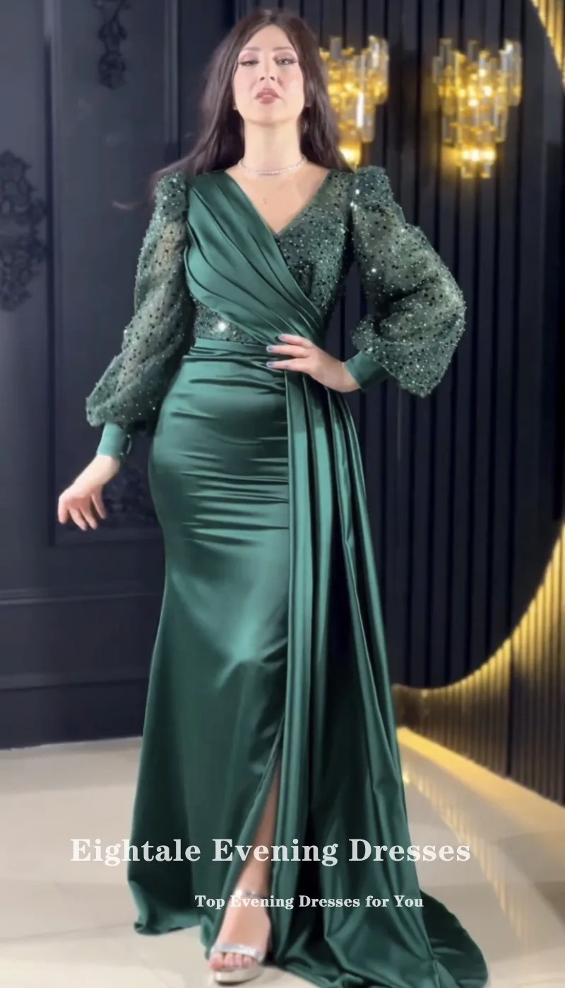 Eightale Dark Green Evening Dresses V-Neck Long Sleeves Satin Sequined Customized Mermaid Prom Party Gowns Vestidos De Noche