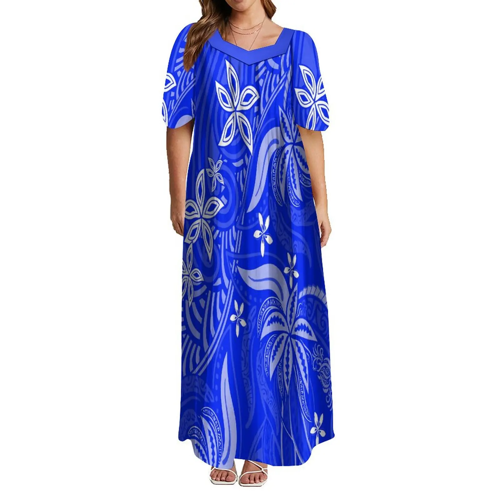 Polynesian Tribal Art Print Fashion Short Sleeve Long Dress Lady Midi Party Personality Mumu Comfortable Dress