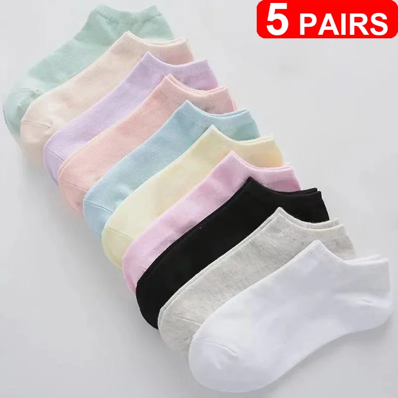 5 Pairs Womens Socks Free Size Pink White Black Gray Green Pink Breathable Sports Solid Color Boat Socks Soft Summer Girls Socks