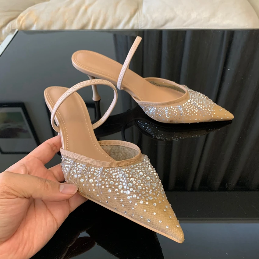 2024 Women High Heels Pumps Summer Fashion Rhinestone Mesh Stilettos Slingbacks Women Pointed Toe Thin Heel Sandals Shoes Woman