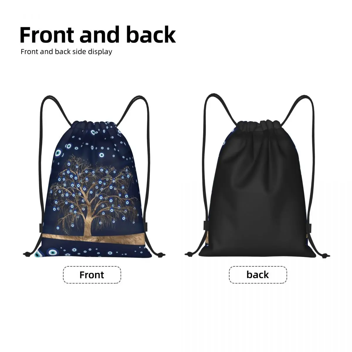 Custom Charm Tree Gold On Dark Blue Drawstring Backpack Bags Lightweight Nazar Evil Eye Gym Sports Sackpack Sacks for Training