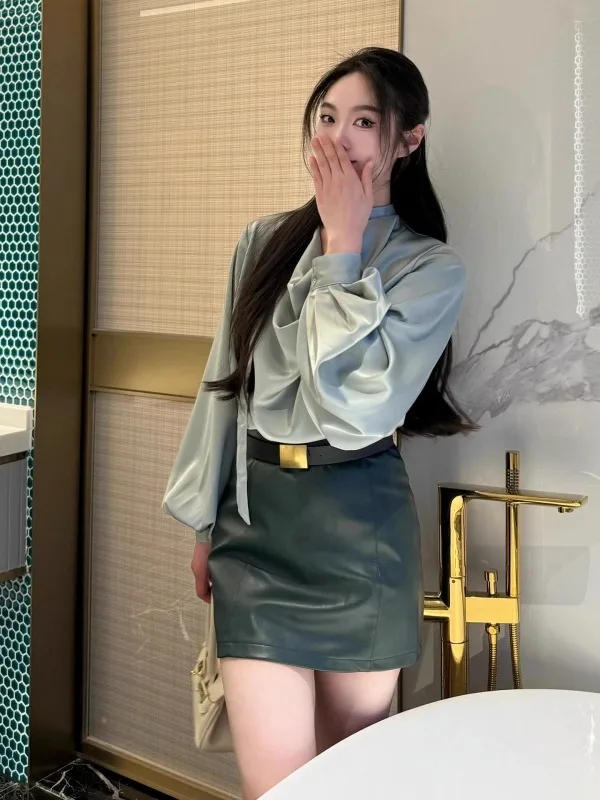 

Elegant Green Long Sleeve Shirt And High Waist Skirt Set Women's Fashion Spring Autumn Ensemble High Waist Bodycon Leath...