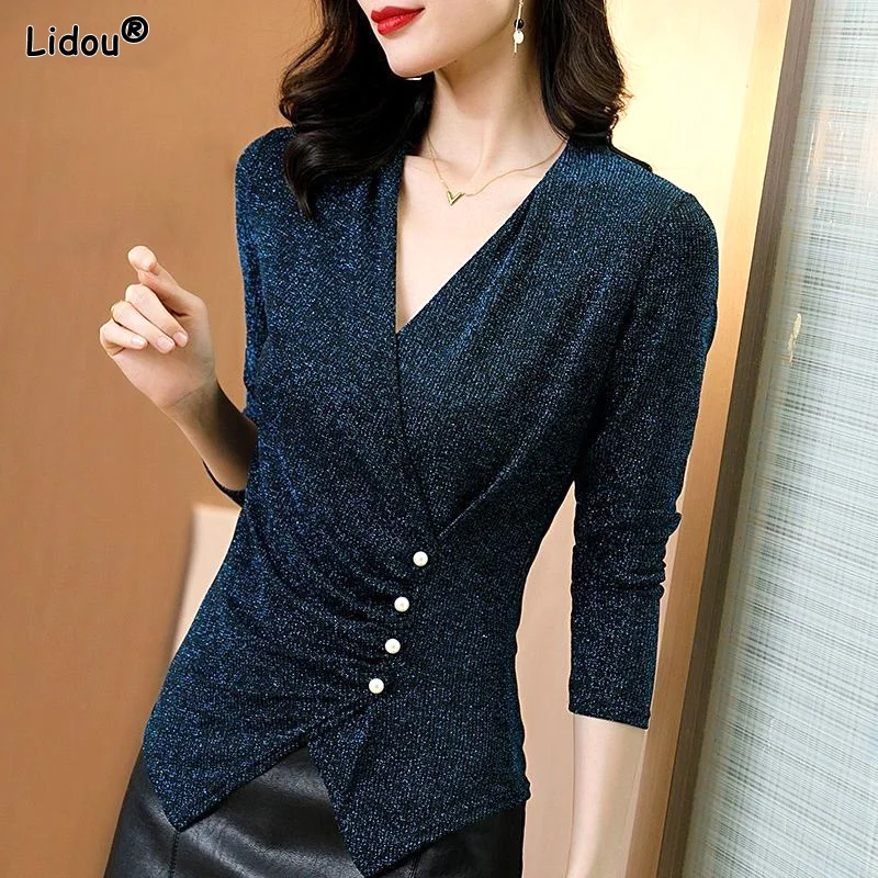 

T-Shirts 2023 Women's Clothing Tops V-neck Temperament Long Sleeve Solid Color Skinny Button Spring Summer Thin Vintage Elegant