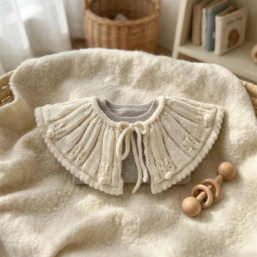 Children Knitted Shawl with Tie Strings for Age 3-12 Soft Warm Acrylic Fiber Autumn Winter Accessory