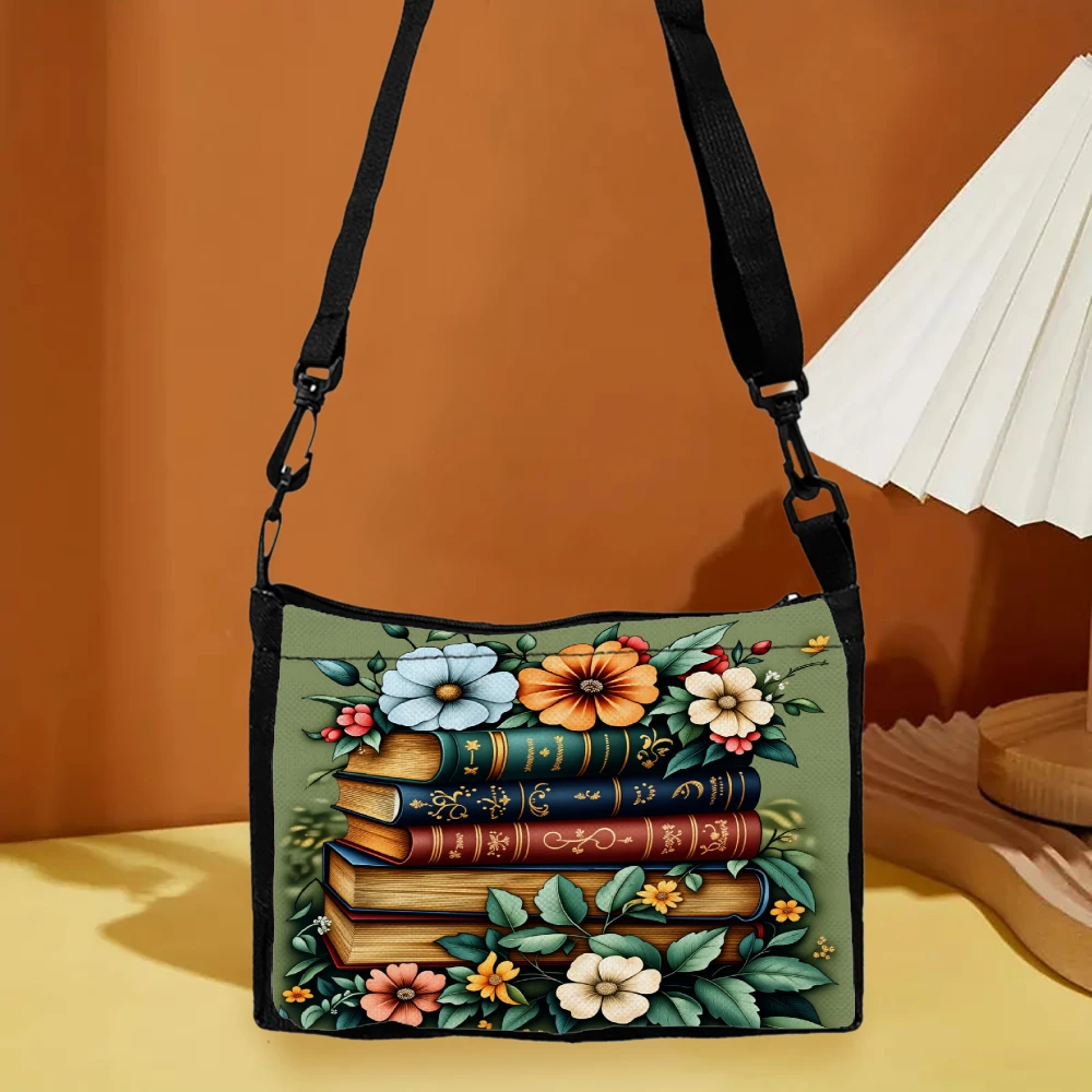 Floral Books Print Crossbody Bag Green Vintage Book And Flower Pattern Shoulder Bags For Women Girls School Work Travel Daily Us