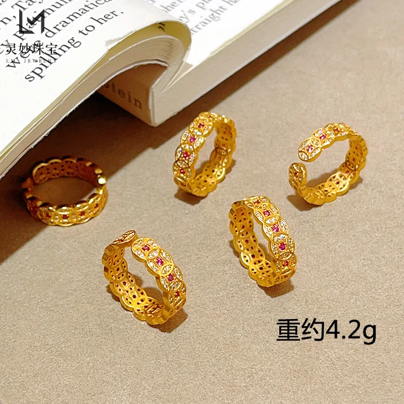 9999 24K الذهب الحقيقي مجوهرات فاخرة الماس الأحمر عملة خاتم المال Duoduo النحاس عملة افتتاح حلقة موضة هدية لصديقة #5
