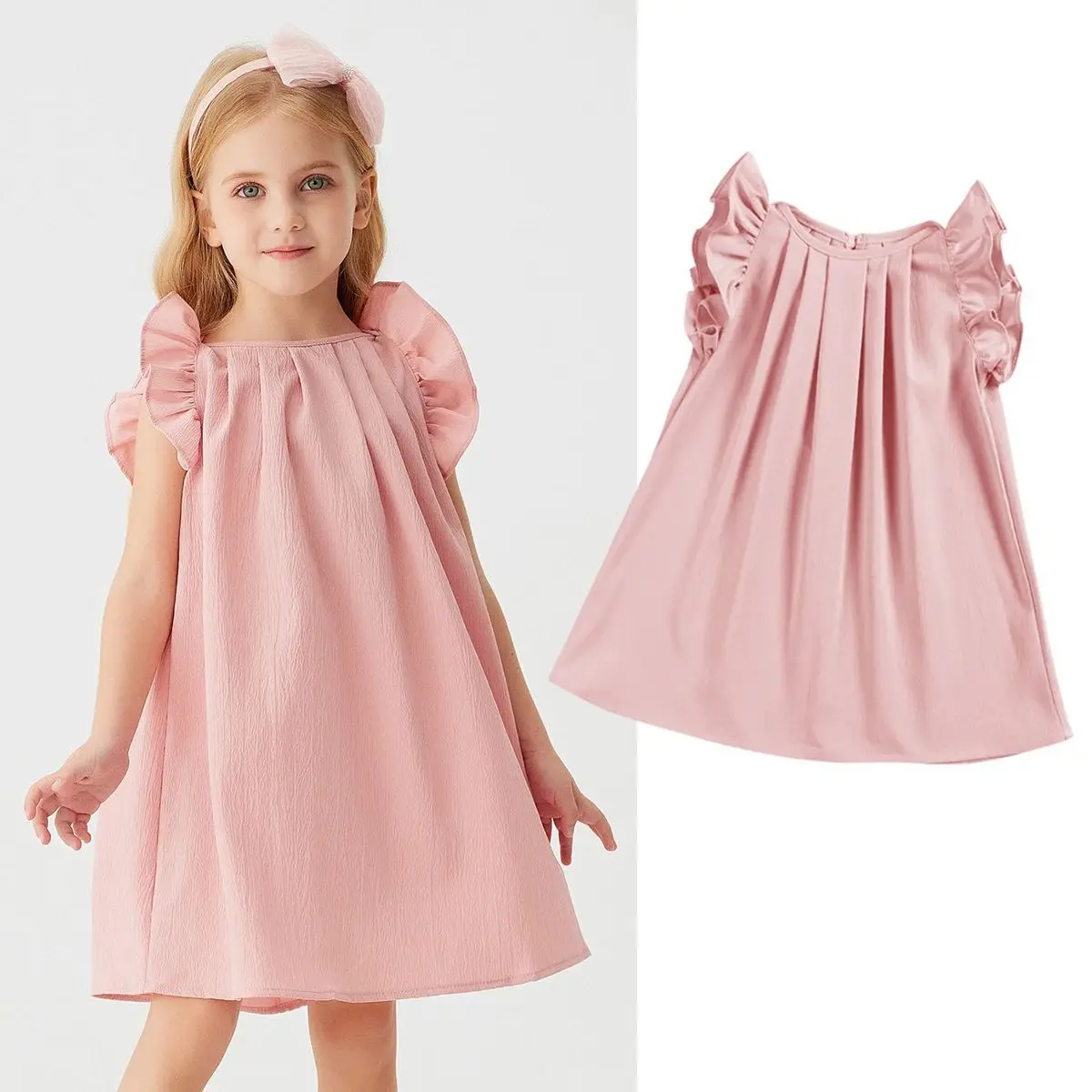Summer New Fashion Baby Girl Cute Sweet Casual Dress Ruffle Edge Sleeves Solid Color Elegant Versatile Children's Clothing