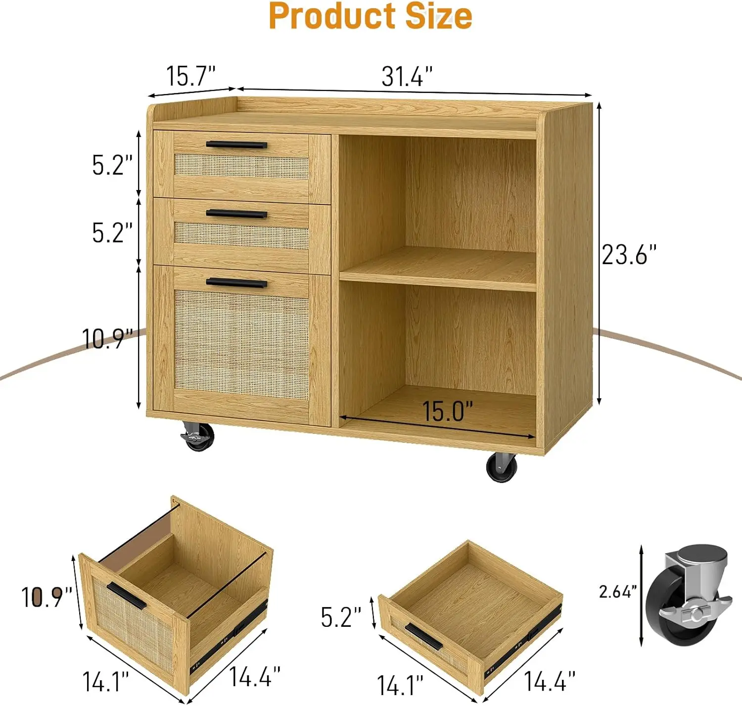 3 Drawer Mobile File Cabinet, Wood Lateral Filing Cabinet With Lock Printer Stand With Open Shelves For Home Office Lateral