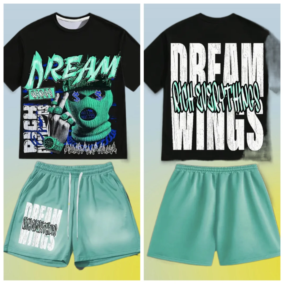 

Мужская быстросохнущая удобная модная свободная дышащая футболка и шорты, комплект уличной одежды в стиле хип-хоп с графическим принтом, летняя одежда