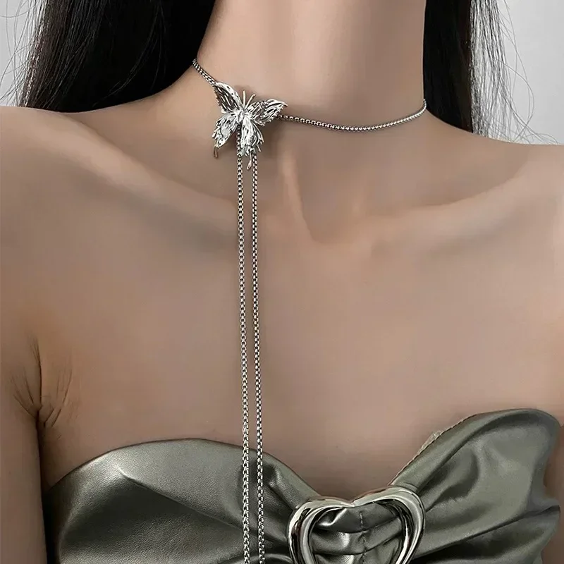 Unregelmäßige flüssige Metall Schmetterling Halskette Silber Farbe Schmetterling Anhänger verstellbare Edelstahl Kette Punk Hiphop Schmuck