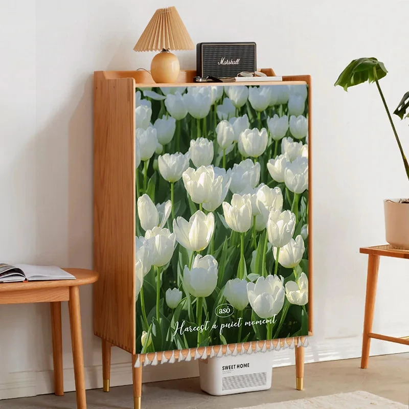 VIKAMA Pink Tulips Oil Painting Linen Cabinet Curtain, 6 Designs, Dust-Proof Track-Free Door Cover